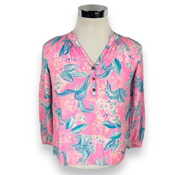 Lilly Pulitzer Elsa Blouse Top Womens XS Pink Floral Silk Split Neck Long Sleeve - Picture 1 of 10